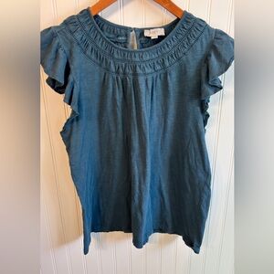 Loft Blue Ruffle Sleeve Embroidered Yoke Top